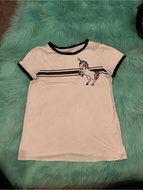 Justice White Ringer Tee with Black Trim and Unicorn Patch
